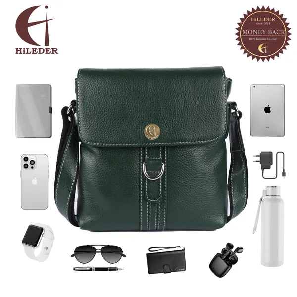 100%_genuine_leather_messenger_shoulder_9_inch_sling_cross_body_travel_office_d-loop_handbag_for_men_women,_green