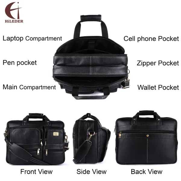 pure_genuine_leather_15_inch_double_pocket_briefcase_laptop_messenger_satchel_bag_for_men_women,_black