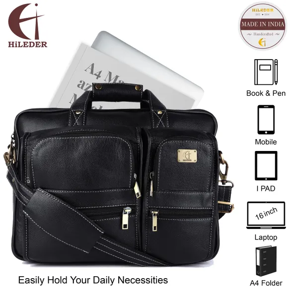 pure_genuine_leather_15_inch_double_pocket_briefcase_laptop_messenger_satchel_bag_for_men_women,_black