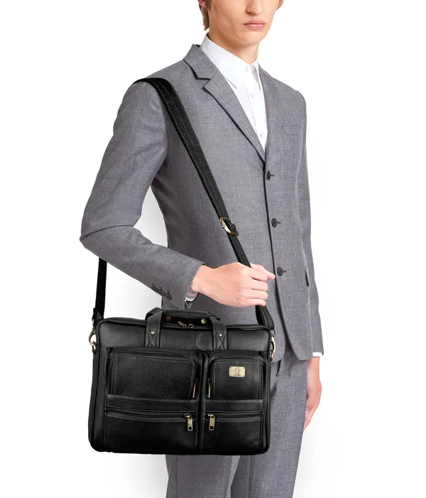 pure_genuine_leather_15_inch_double_pocket_briefcase_laptop_messenger_satchel_bag_for_men_women,_black