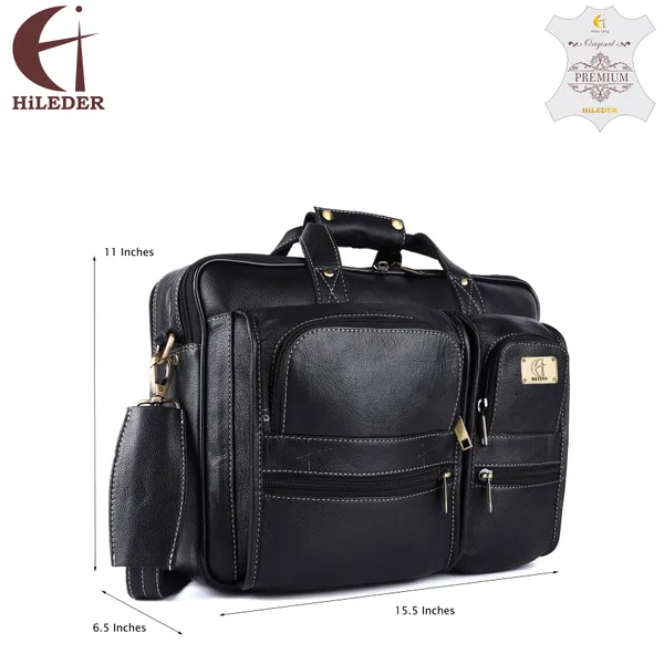 pure_genuine_leather_15_inch_double_pocket_briefcase_laptop_messenger_satchel_bag_for_men_women,_black