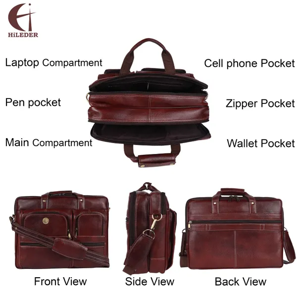 pure_genuine_leather_15_inch_double_pocket_briefcase_laptop_messenger_satchel_bag_for_men_women,_brown
