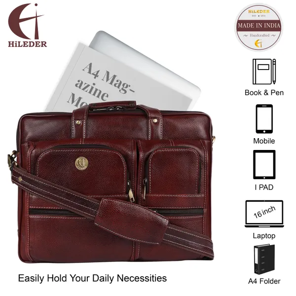 pure_genuine_leather_15_inch_double_pocket_briefcase_laptop_messenger_satchel_bag_for_men_women,_brown