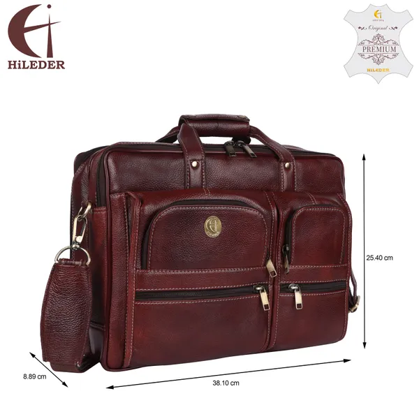 pure_genuine_leather_15_inch_double_pocket_briefcase_laptop_messenger_satchel_bag_for_men_women,_brown