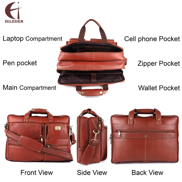 pure_genuine_leather_15_inch_double_pocket_briefcase_laptop_messenger_satchel_bag_for_men_women,_tan