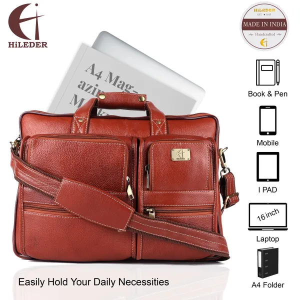 pure_genuine_leather_15_inch_double_pocket_briefcase_laptop_messenger_satchel_bag_for_men_women,_tan