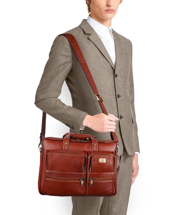 pure_genuine_leather_15_inch_double_pocket_briefcase_laptop_messenger_satchel_bag_for_men_women,_tan