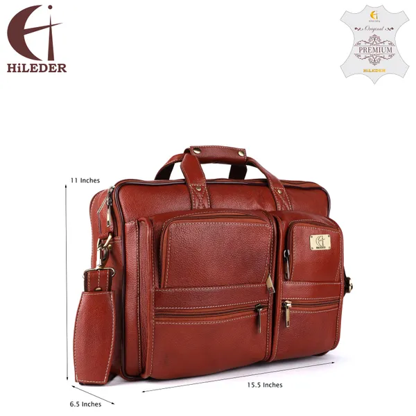 pure_genuine_leather_15_inch_double_pocket_briefcase_laptop_messenger_satchel_bag_for_men_women,_tan