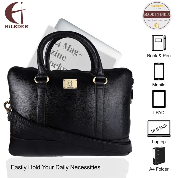 pure_genuine_leather_14_inch_stylish_padded_compartment_briefcase_satchel_laptop_sleeve_messenger_travelling_office_bag,_black