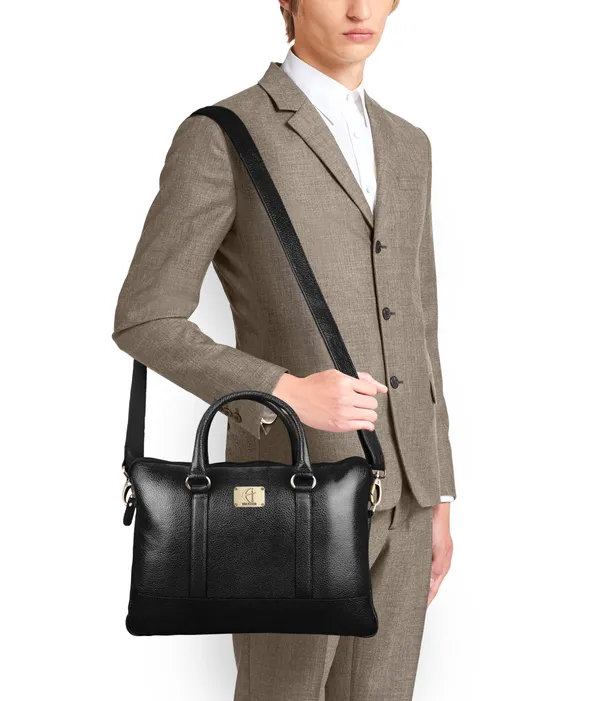 pure_genuine_leather_14_inch_stylish_padded_compartment_briefcase_satchel_laptop_sleeve_messenger_travelling_office_bag,_black