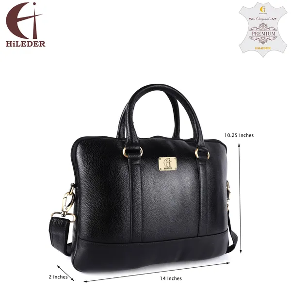 pure_genuine_leather_14_inch_stylish_padded_compartment_briefcase_satchel_laptop_sleeve_messenger_travelling_office_bag,_black
