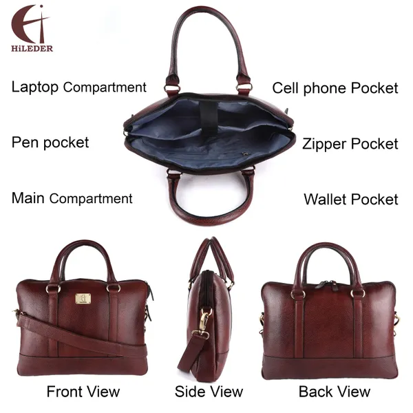 pure_genuine_leather_14_inch_stylish_padded_compartment_briefcase_satchel_laptop_sleeve_messenger_travelling_office_bag,_brown