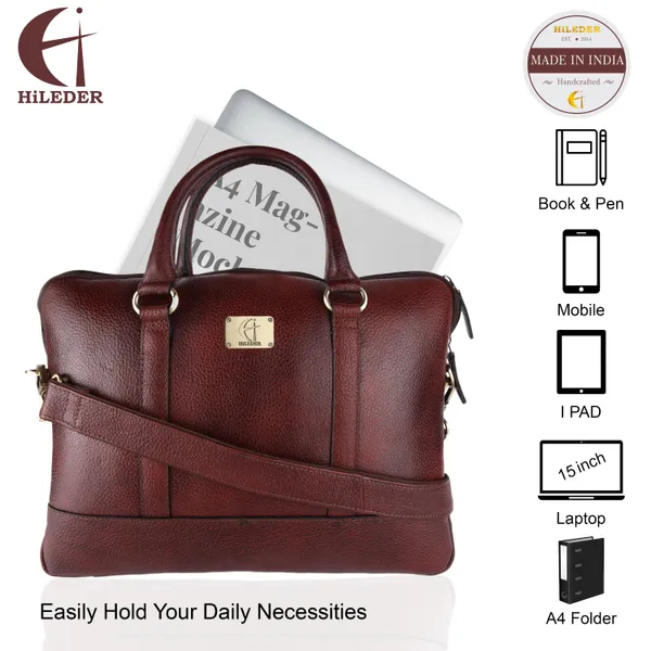 pure_genuine_leather_14_inch_stylish_padded_compartment_briefcase_satchel_laptop_sleeve_messenger_travelling_office_bag,_brown