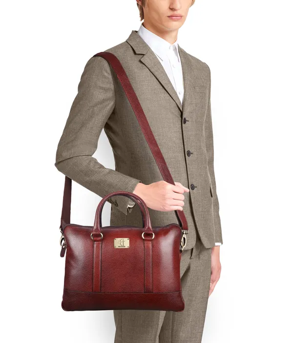 pure_genuine_leather_14_inch_stylish_padded_compartment_briefcase_satchel_laptop_sleeve_messenger_travelling_office_bag,_brown