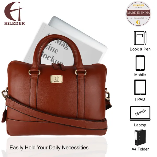 pure_genuine_leather_14_inch_stylish_padded_compartment_briefcase_satchel_laptop_sleeve_messenger_travelling_office_bag,_tan