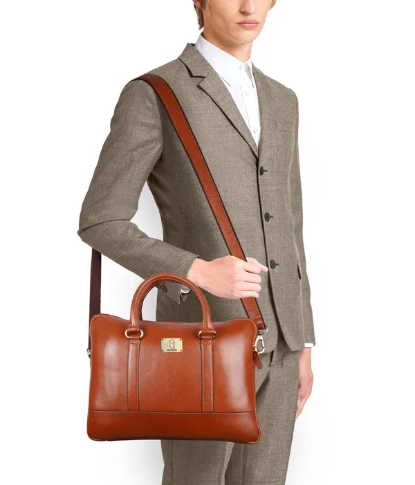 pure_genuine_leather_14_inch_stylish_padded_compartment_briefcase_satchel_laptop_sleeve_messenger_travelling_office_bag,_tan