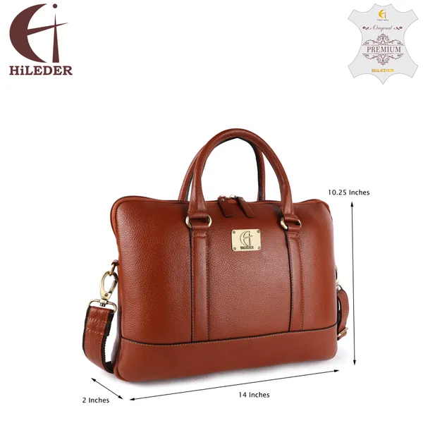pure_genuine_leather_14_inch_stylish_padded_compartment_briefcase_satchel_laptop_sleeve_messenger_travelling_office_bag,_tan