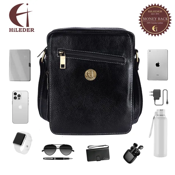 100%_genuine_leather_messenger_shoulder_9_inch_sling_cross_body_travel_office_tablet_flap_handbag,_men_women,_black