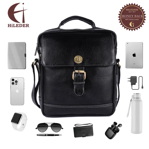 100%_pure_genuine_leather_messenger_9.5_inch_sling_cross_body_travel_office_tablet_buckle_bag_for_men_women,_black