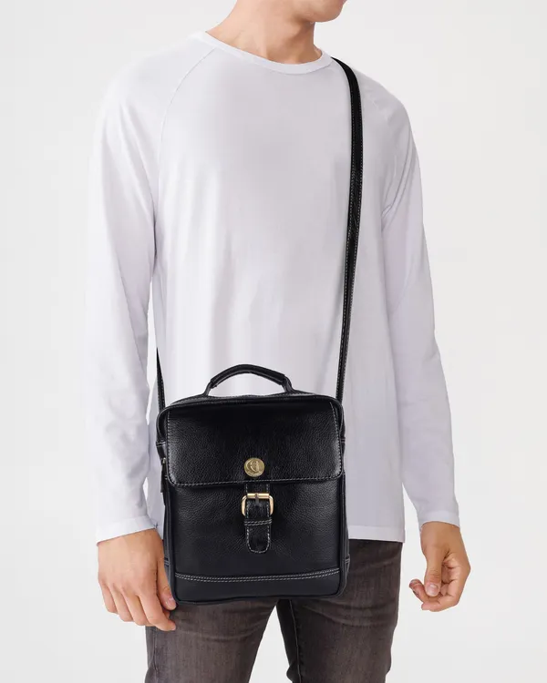 100%_pure_genuine_leather_messenger_9.5_inch_sling_cross_body_travel_office_tablet_buckle_bag_for_men_women,_black