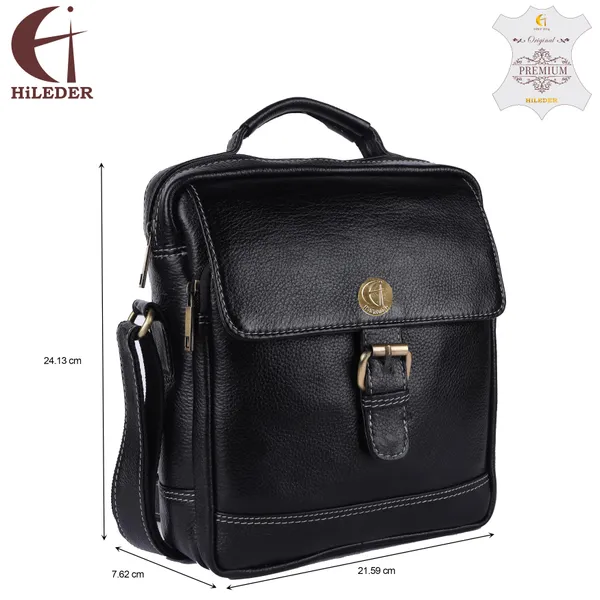 100%_pure_genuine_leather_messenger_9.5_inch_sling_cross_body_travel_office_tablet_buckle_bag_for_men_women,_black