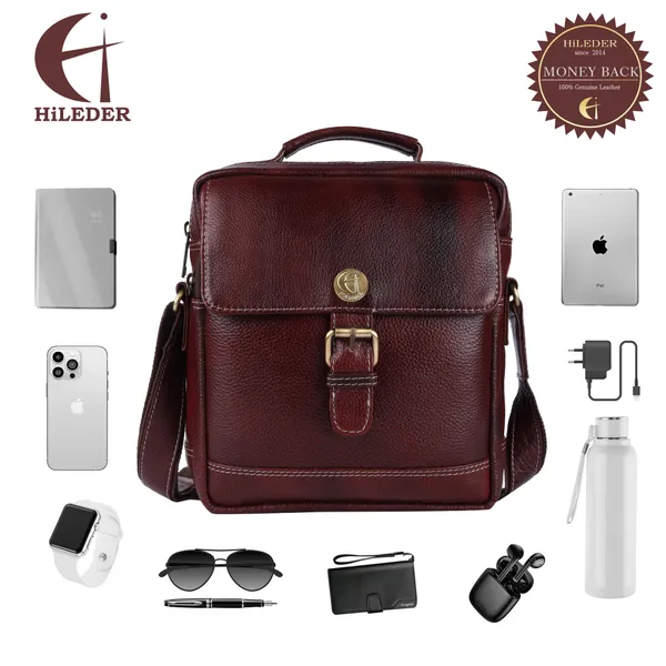 100%_pure_genuine_leather_messenger_9.5_inch_sling_cross_body_travel_office_tablet_buckle_bag_for_men_women,_brown