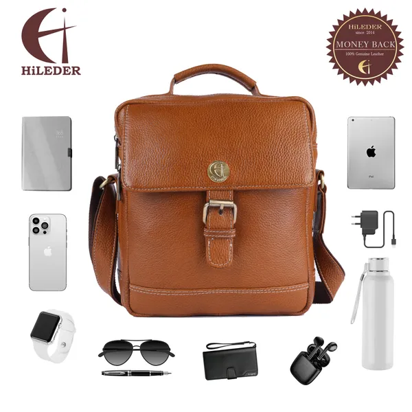 100%_pure_genuine_leather_messenger_9.5_inch_sling_cross_body_travel_office_tablet_buckle_bag_for_men_women,_tan