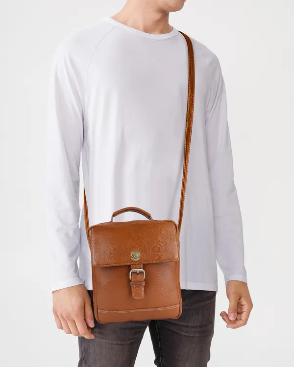 100%_pure_genuine_leather_messenger_9.5_inch_sling_cross_body_travel_office_tablet_buckle_bag_for_men_women,_tan
