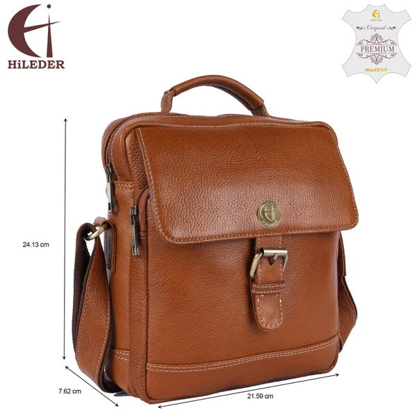 100%_pure_genuine_leather_messenger_9.5_inch_sling_cross_body_travel_office_tablet_buckle_bag_for_men_women,_tan