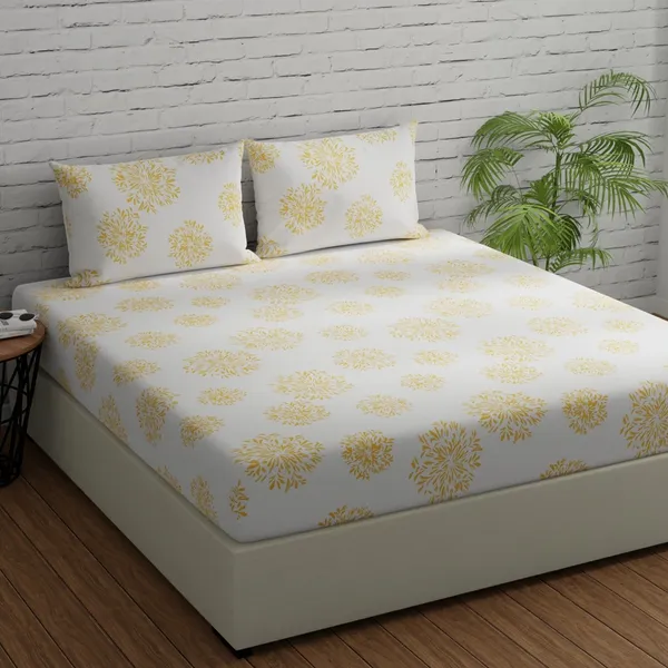144_TC_Cotton_Bed_Sheet_for_Queen_Size_Bedsheet_with_2_Pillow_Covers_-_White_(Yellow_Print)