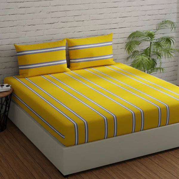 144_TC_Stripes_Cotton_Bedsheets_for_King_Size_Bed_with_2_Pillow_Covers_|_9ft_x_9ft_|_Yellow_&_Grey