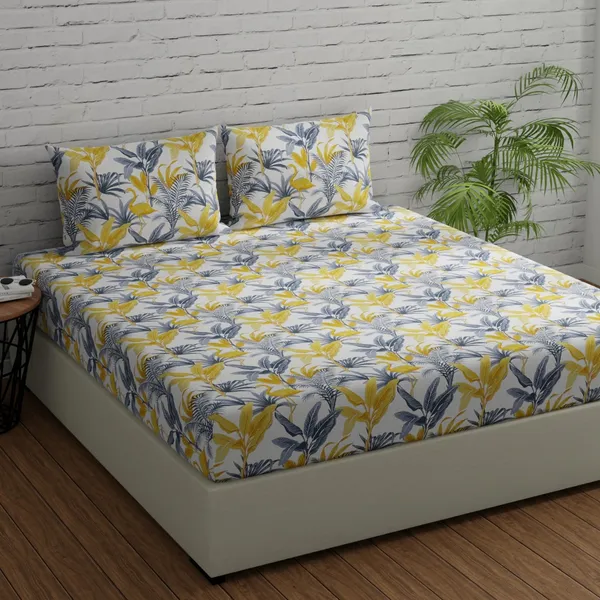 144_TC_Floral_King_Size_Bedsheet_Cotton_with_2_Pillow_Covers_|_108_x_108_inches_|_Yellow,_Grey_&_White