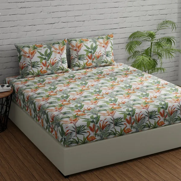 144_TC_Floral_Queen_Size_Bedsheet_Cotton_with_2_Pillow_Covers_-_Orange,_Green_&_White
