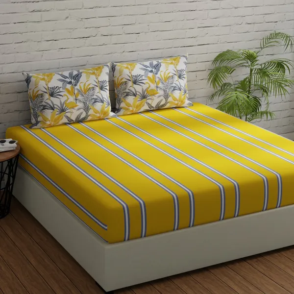 144_TC_Cotton_Bed_Sheet_for_Queen_Size_Bedsheet_with_2_Pillow_Covers_-_Yellow_&_Grey