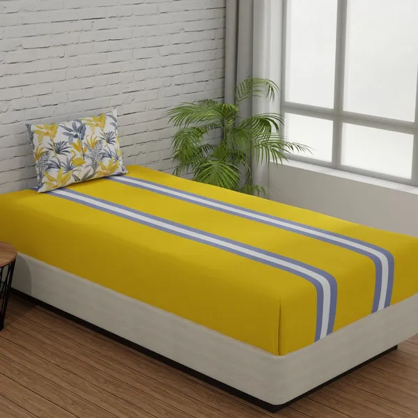 144_TC_Stripes_Cotton_Single_Bedsheet_with_Pillow_Cover_-_Yellow_&_Grey