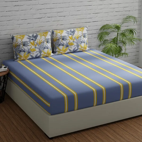 144_TC_Stripes_Bedsheet_for_King_Size_Bed_with_2_Pillow_Covers_|_108_by_108_inch_|_Grey_&_Yellow