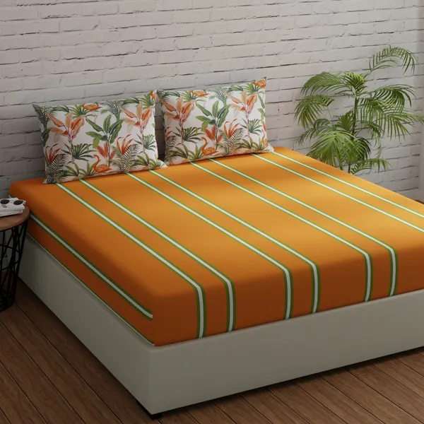 144_TC_Stripes_King_Size_Bedsheet_Cotton_with_2_Pillow_Covers_|_108_x_108_inches_|_Orange_&_Green