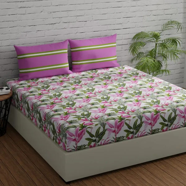 144_TC_Double_Bedsheet_Cotton_with_2_Pillow_Covers_-_Pink,_Green_&_White