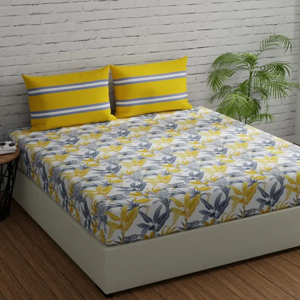144_TC_Floral_Cotton_Bedsheets_for_King_Size_Bed_with_2_Pillow_Covers_|_108x108_inches_|_Yellow,_Grey_&_White