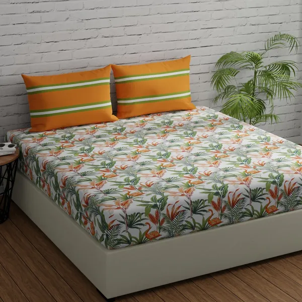 144_TC_Floral_Bedsheet_for_King_Size_Bed_with_2_Pillow_Covers_|_108_by_108_inch_|_Orange,_Green_&_White