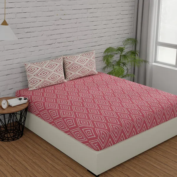 144_TC_Cotton_Bed_Sheet_for_Double_Set_Bed_with_2_Pillow_Covers_-_Peach_Pink_&_White
