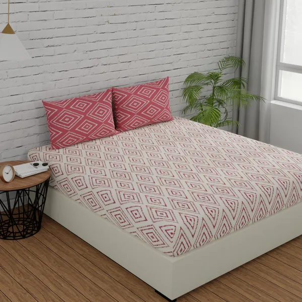 144_TC_Geometric_Cotton_Bedsheet_for_Queen_Size_Bed_with_2_Pillow_Covers_-_White_&_Peach_Pink