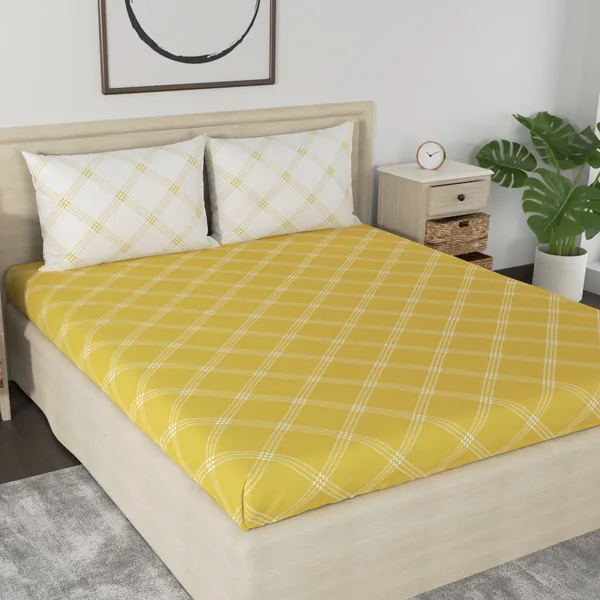 210_TC_Geometric_King_Size_Bedsheet_Cotton_with_2_Pillow_Covers_|_108x108_inch_|_Yellow_&_White__-_Thread_Count_210