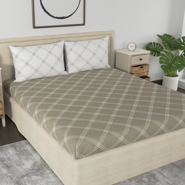 210_TC_Geometric_King_Size_Bedsheet_Cotton_with_2_Pillow_Covers_|_108_x_108_inches_|_Brandon_Beige_&_White__-_Thread_Count_210