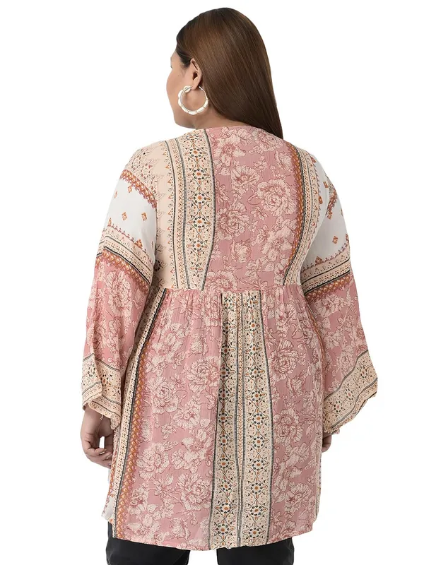 Plus_Size_Pink_Floral_Printed_Tunic_V_Neck__Summer_Fit_And_Flare_Casual_Stylish_Longline_Top_For_Women