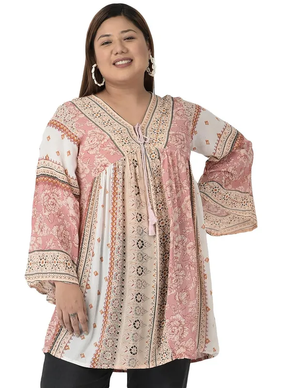 Plus_Size_Pink_Floral_Printed_Casual_Stylish_Longline_Top_For_Women