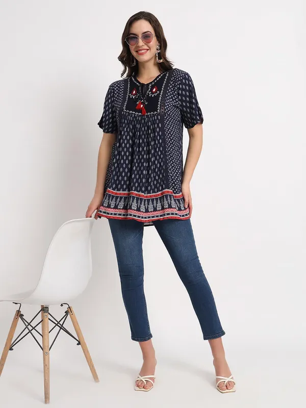Blue_Women_Flare_Casual_Regular_Western_Top