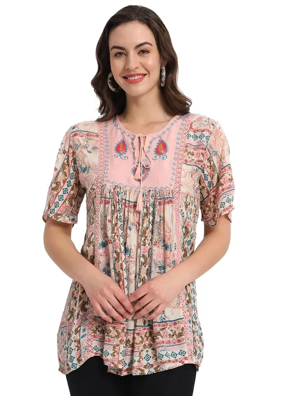 Pink_Beautiful_Floral_Printed_Longline_Top_with_Tie-Up_Neck_&_Flared_Sleeves_For_Women