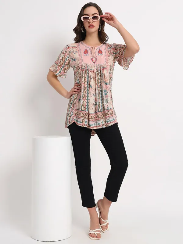 Pink_Beautiful_Floral_Printed_Longline_Top_with_Tie-Up_Neck_&_Flared_Sleeves_For_Women