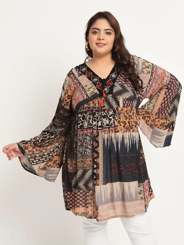 Plus_Size_Multicolor_Floral_Embroidered_Tunic_Fit_And_Flare_Casual_Top_For_Women